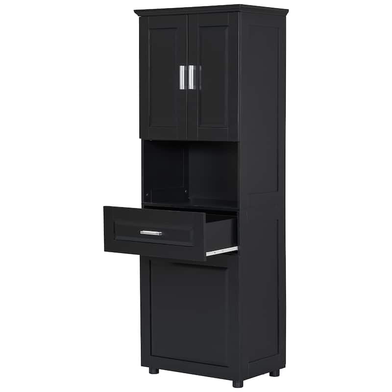 Waterproof Bathroom Cabinet with Tilt-Out Laundry Basket, Large Double Door Storage Cabinet with Adjustable Shelf and Drawer