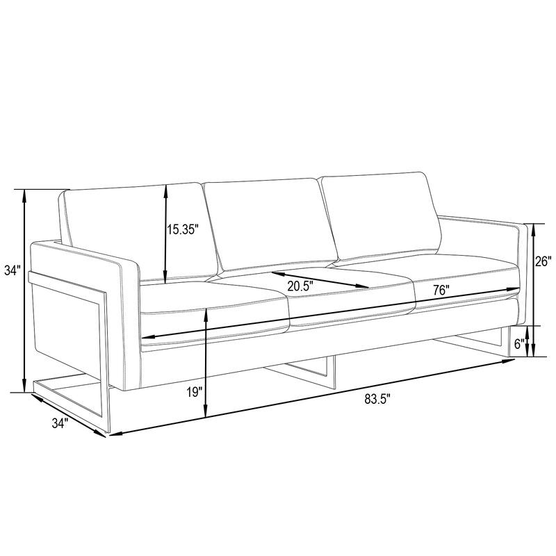 LeisureMod Lincoln Modern Upholstered Velvet Sofa with Gold Frame - 83"