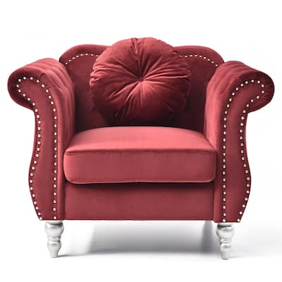 Solid Velvet Accent Chair with Tufted Round Pillow - 39" - Red