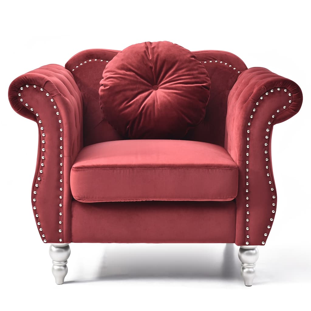 Solid Velvet Accent Chair with Tufted Round Pillow - 39" - Red
