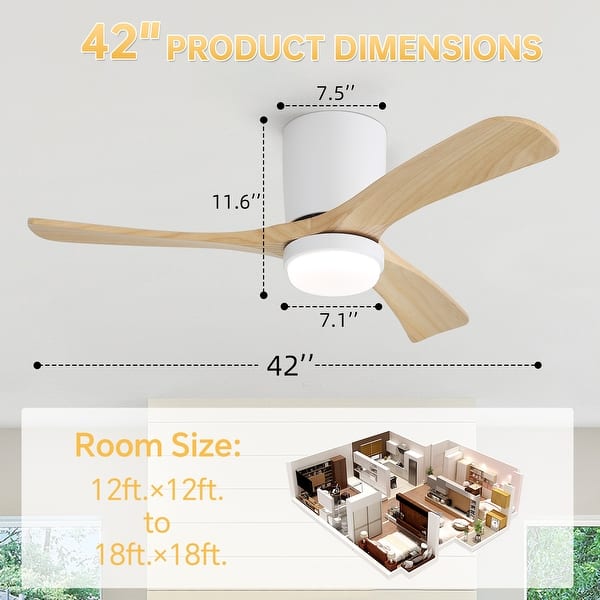 dimension image slide 15 of 17, Sofucor 42“/48"/ 52"/60"Noiseless Walnut Wood Ceiling Fan with Remote Control, Integrated Light Optional