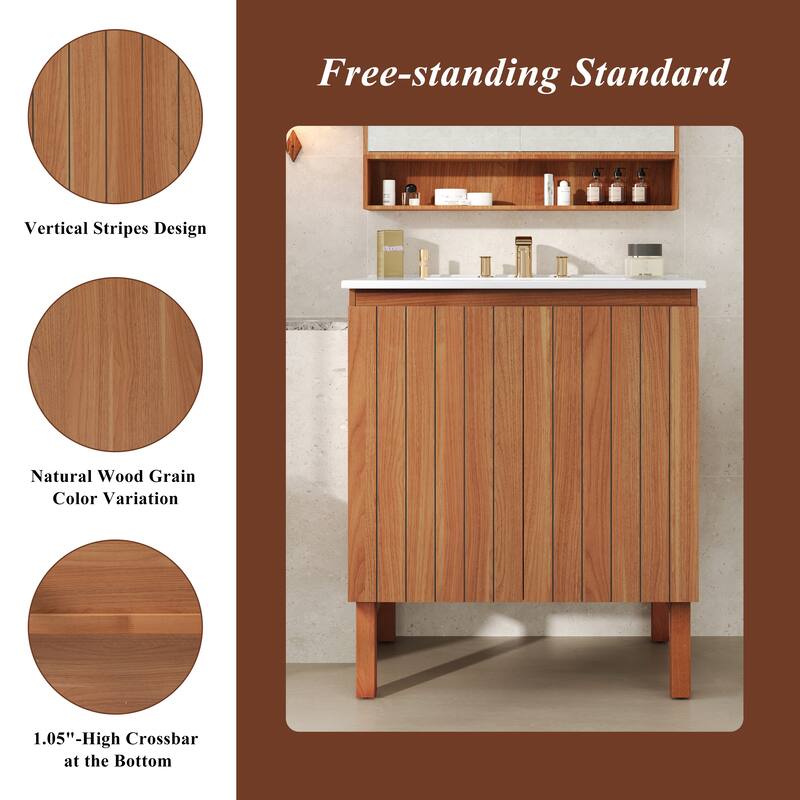 30" Natural Wood Bathroom Vanity with Integrated Sink, 45-Degree Handle-Free Doors, Large Storage & Soft-Close Hinges