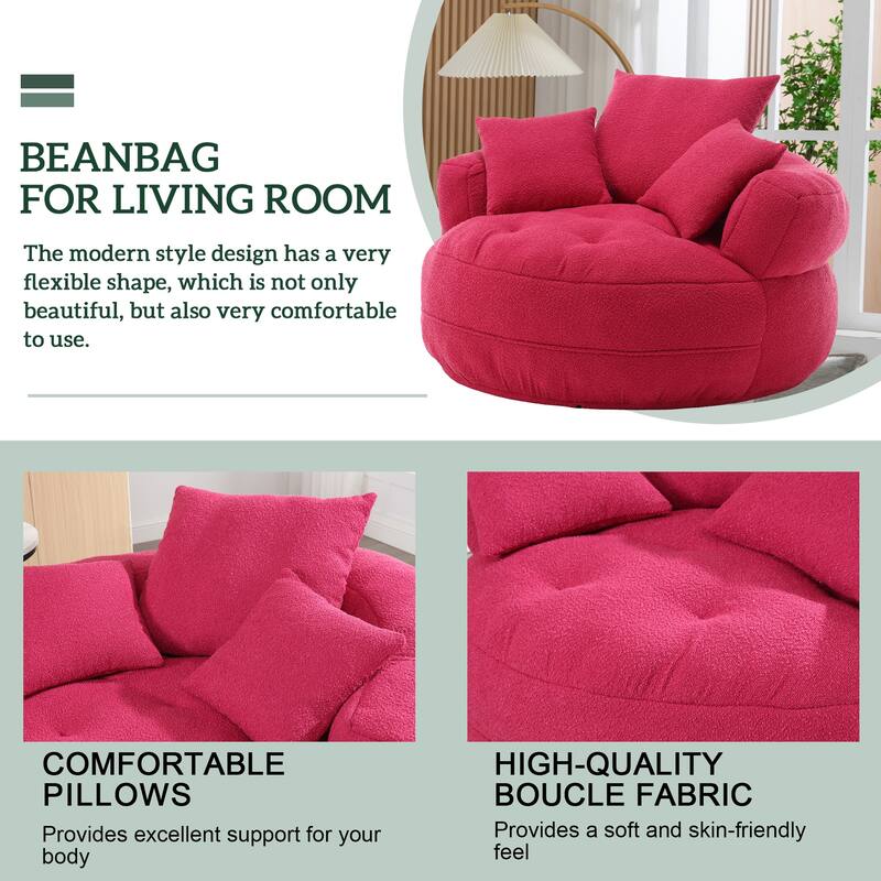 Boucle Upholstered Tufted Barrel Accent Living Room Chair With Toss Pillows