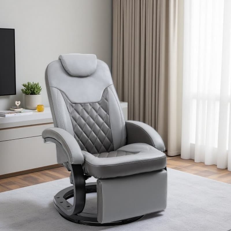 PU Leather Recliner Armchair with Footrest, Headrest, Diamond Stitch, 135° Reclining & 360° Swivel, and Round Steel/Wood Base