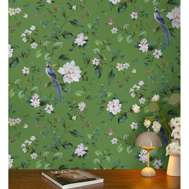 Daisy Bennett Designs Chinoiserie Bird Vine Premium Matte Non-Woven Peel and Stick Wallpaper