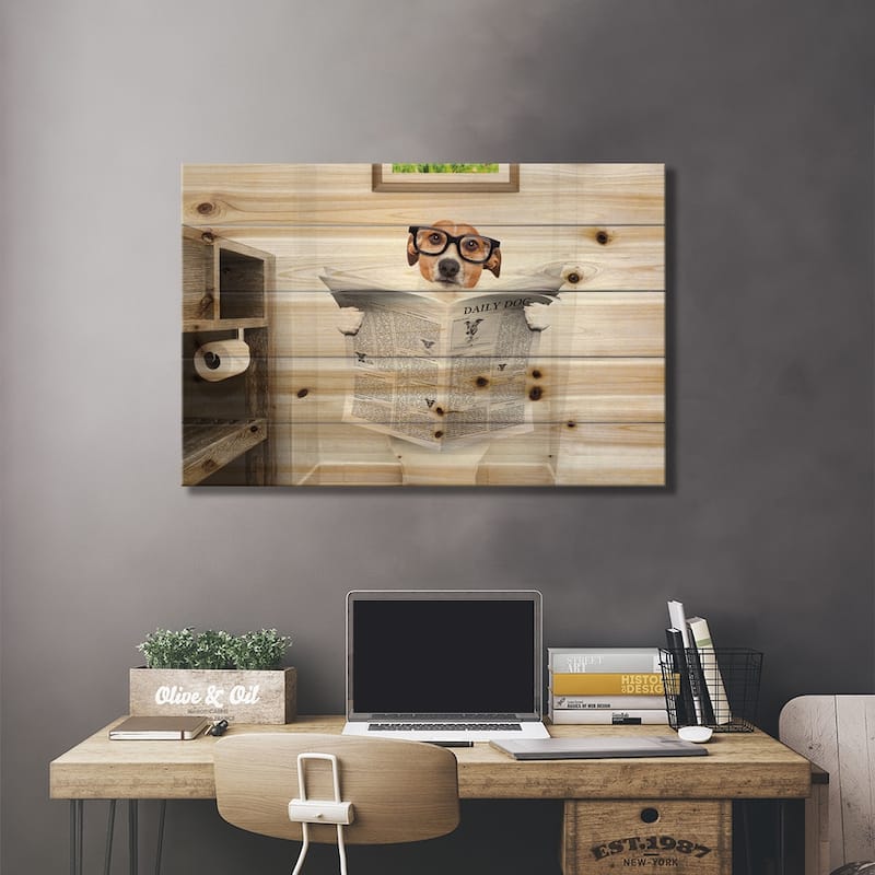 Dog On Toilet Seat Reading Newspaper I Print On Wood by damedeeso - Multi-Color