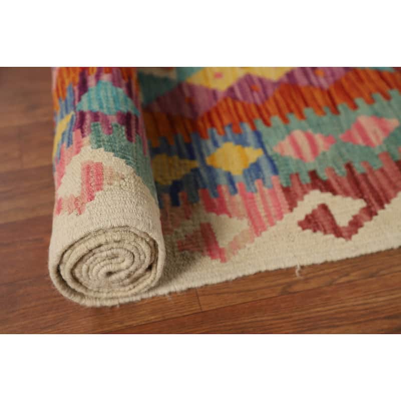 Reversible Kilim Oriental Area Rug Flatweave Orange Wool Carpet - 8'0" x 9'7"
