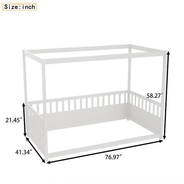 dimension image slide 1 of 2, Children's Playful Canopy Bed Montessori Twin Size Open Floor Bed Frame with Baffle Panels and Multi-sided Guardrail Protection