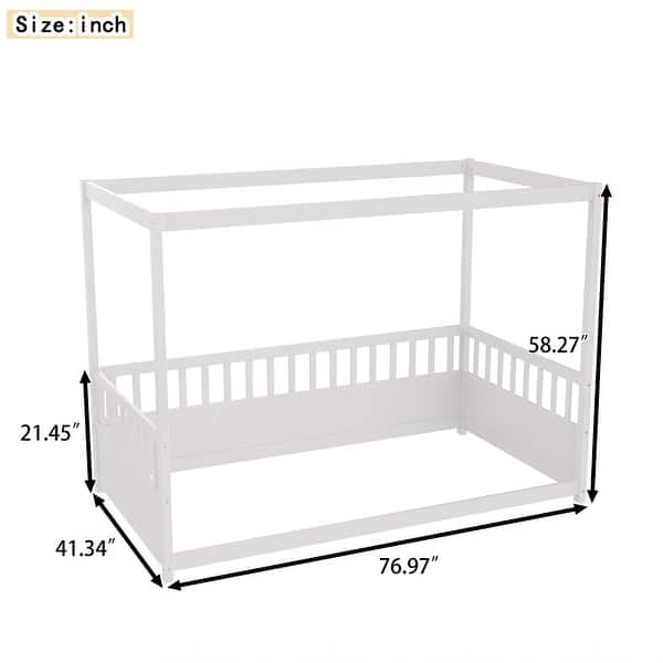 dimension image slide 1 of 2, Twin Size Canopy Floor Bed Frame with Guardrails and Four Poster Design