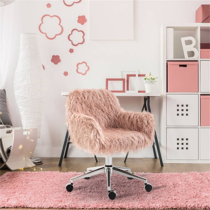 Pink Faux Fleece Swivel Office Desk Chair with Silver Metal Base and Adjustable Height for Home