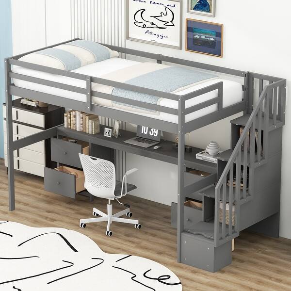 slide 2 of 19, Twin Size Loft Bed Wood Frame with Built-In Desk and Double Storage Drawers, Storage Staircase Gray