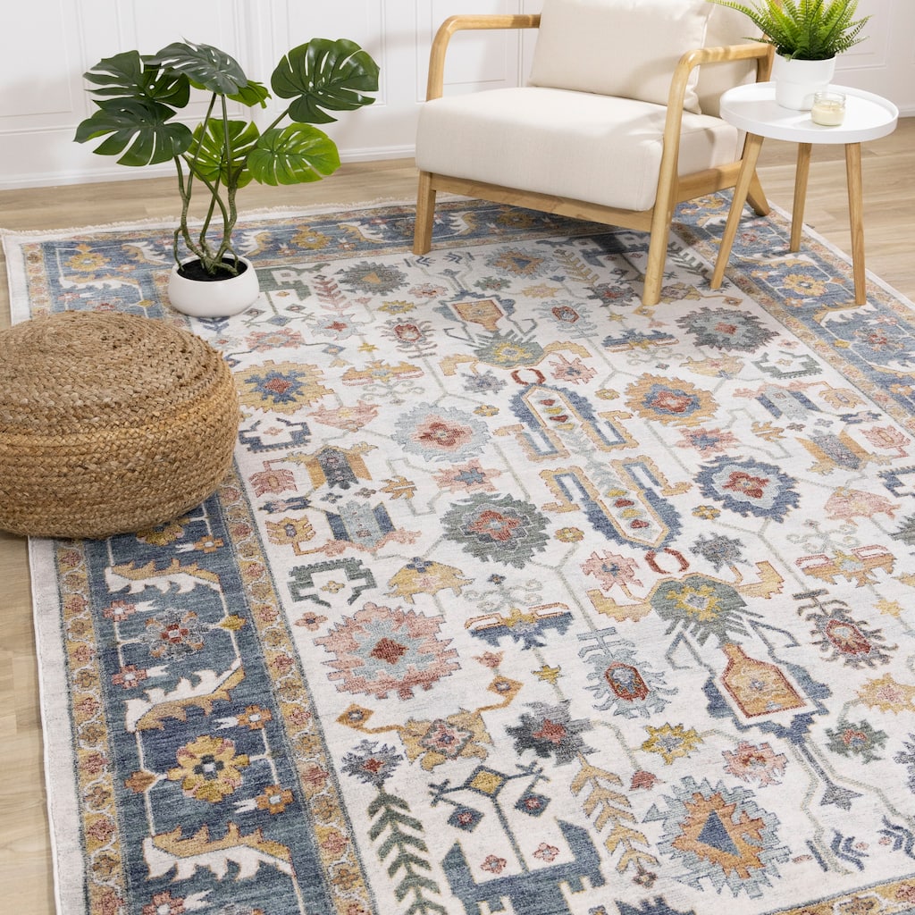 Alpine Rug Co. Olivia Cream Gold Teal Modern Classic Border Rug.