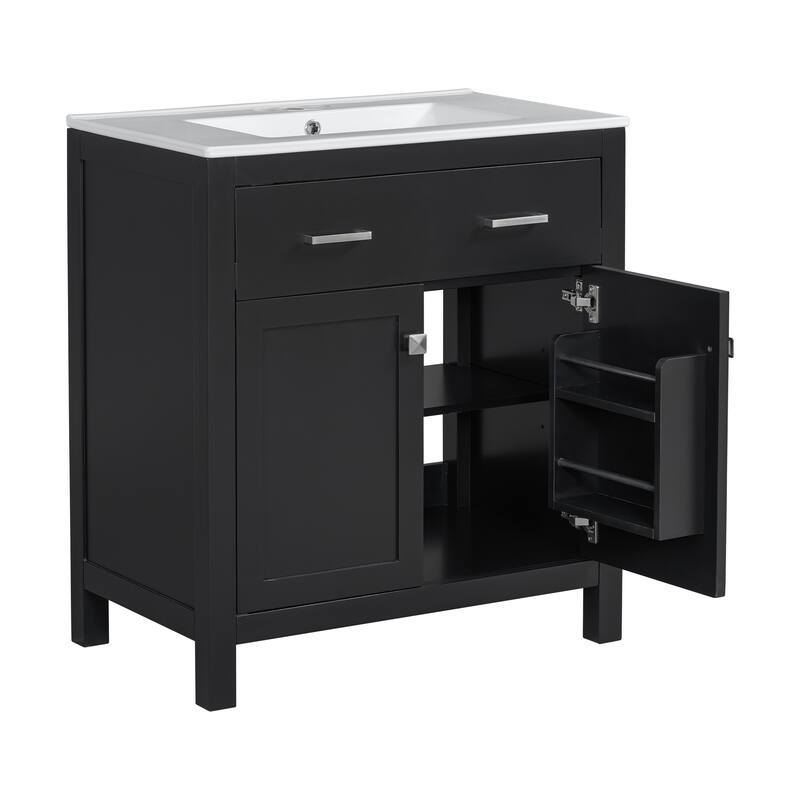 30" Bathroom Vanity with Ceramic Sink, Modern Single Bathroom Cabinet with 2 Doors and a Shelf, Soft Close Doors