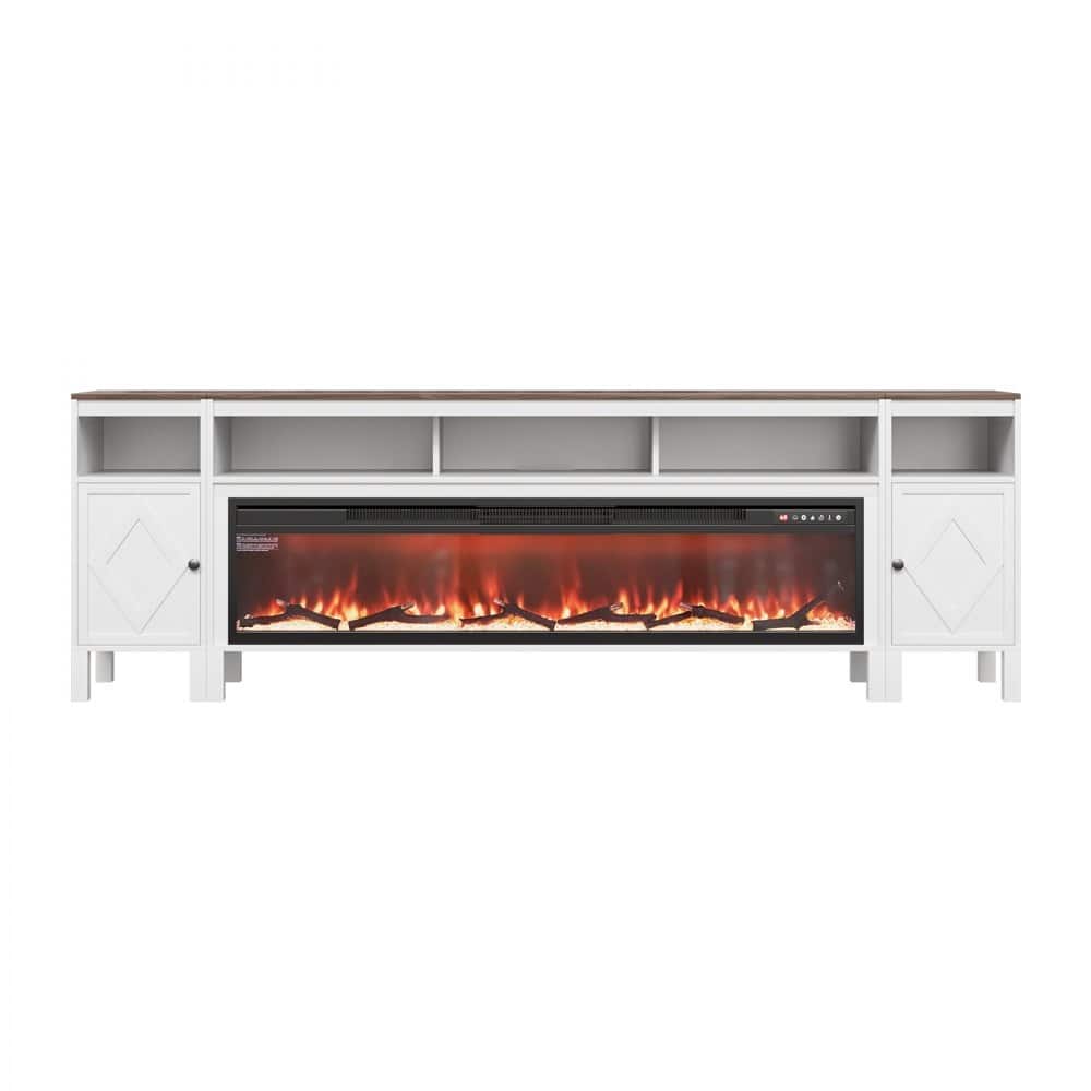 60-Inch Electric Fireplace TV Stand in White for Large TVs Adjustable Heat and Flame Settings - 60.79” x 6.3” x 13.98”