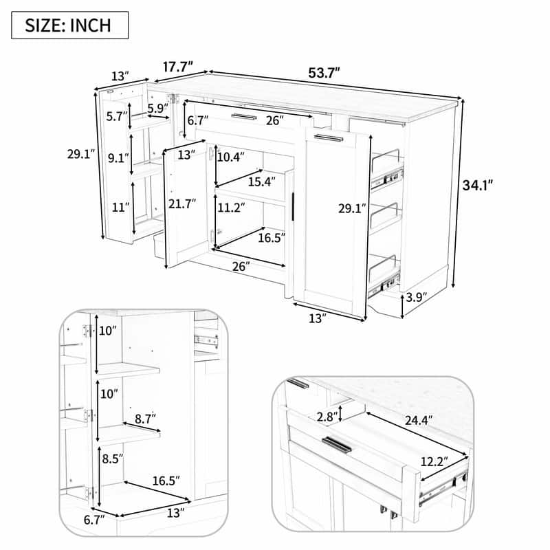 Multi-Functional Storage Sideboard & Extendable Dining Table with Adjustable Shelves, 3-Tier Pull-Out Rack
