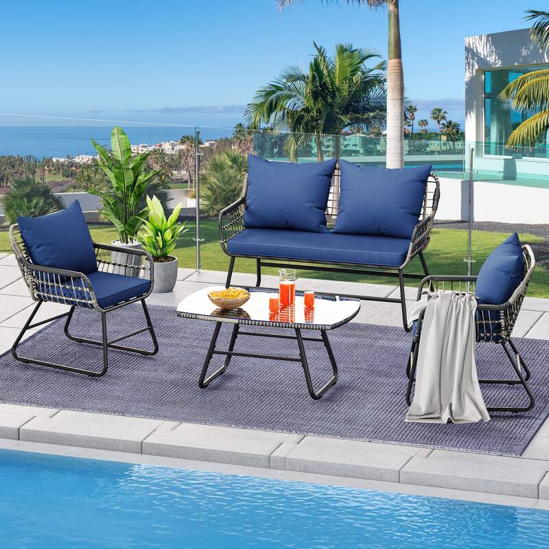 Moasis 4-Piece All-Weather Rattan Conversation Loveseat Chairs Wicker Outdoor Bistro Set