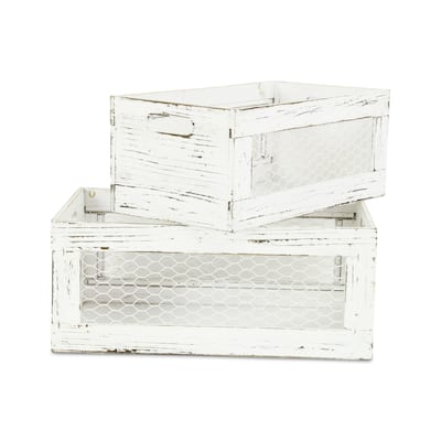 White Wooden Farm Style Wire Sided Crates (Set of 2) - L: 16.5" x W: 10.25" x H: 7.25"