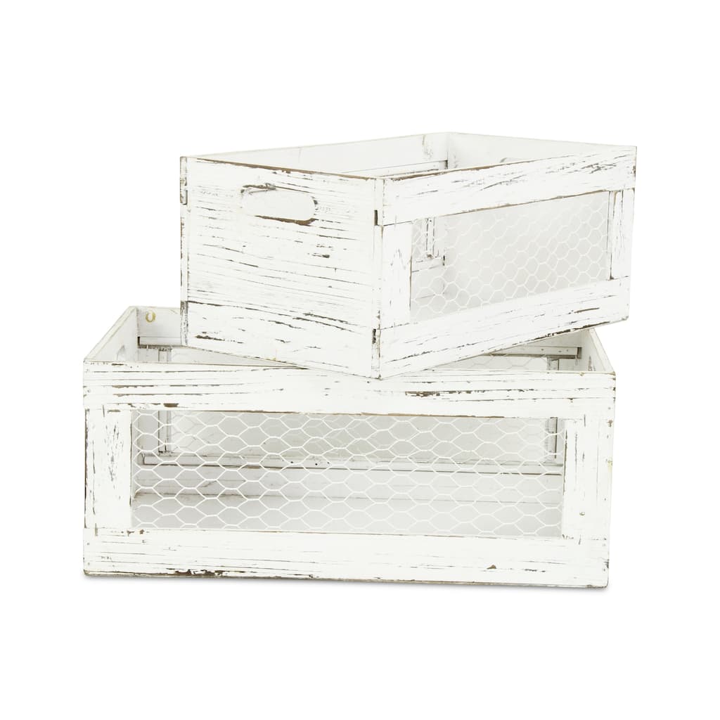 White Wooden Farm Style Wire Sided Crates (Set of 2) - L: 16.5" x W: 10.25" x H: 7.25"