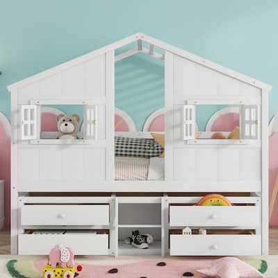 Full Size House Loft Bed with 4 Storage Drawers and Safety Guardrails