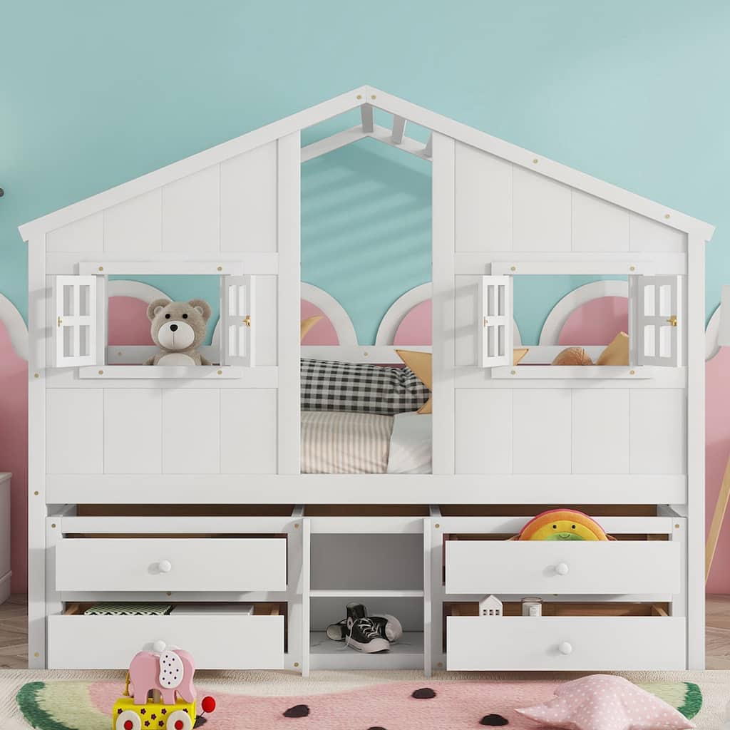 Full Size House Loft Bed with 4 Storage Drawers and Safety Guardrails