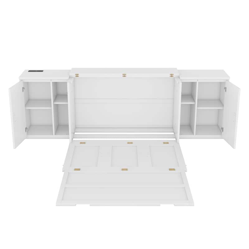 Full Size Murphy Bed Cabinet with Storage Shelves and USB Ports, Wooden Floor Bedframe, Foldable/Space Saving Design