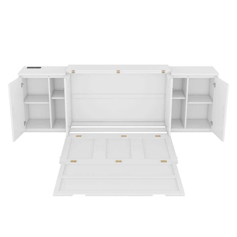 Murphy Bed with Built-in Charging Station, Shelves & Storage Cabinets, Platform Bed Frame Space-Saving Folding Wall Cabinets Bed