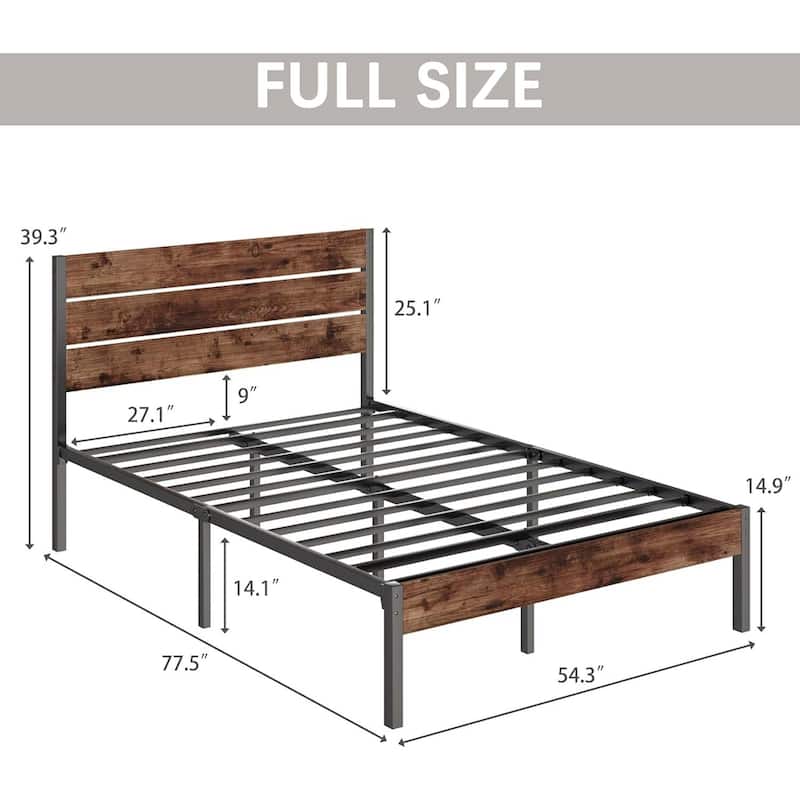 Brown Wood Headboard Platform Bed Frame with Sturdy Metal Design