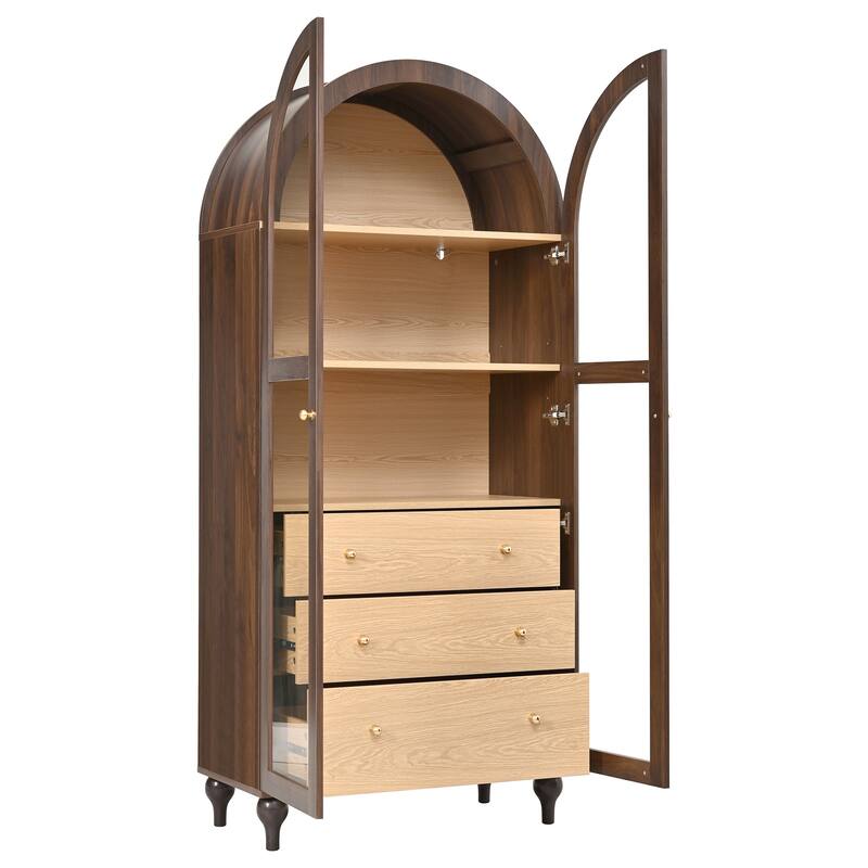 Christopher Knight Home - Farmhouse Arched Wood Kitchen Pantry Cabinet with Glass Doors & Hidden Drawers