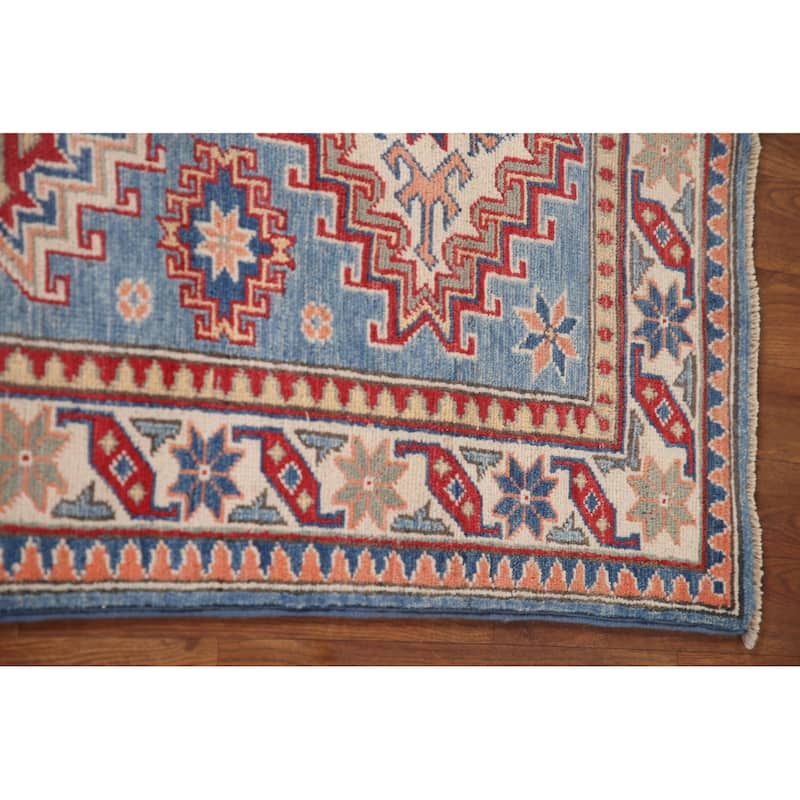 Light Blue Geometric Kazak Accent Rug Hand-Knotted Wool Carpet - 2'7" x 6'4"