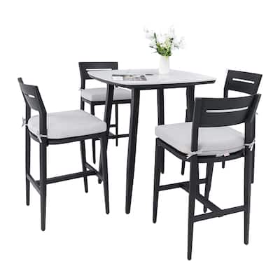 5-Piece Patio Bar Set - 35.4" Rounded Sintered Table and 4 Bar Stools, Greek Marble Top, Ember Black