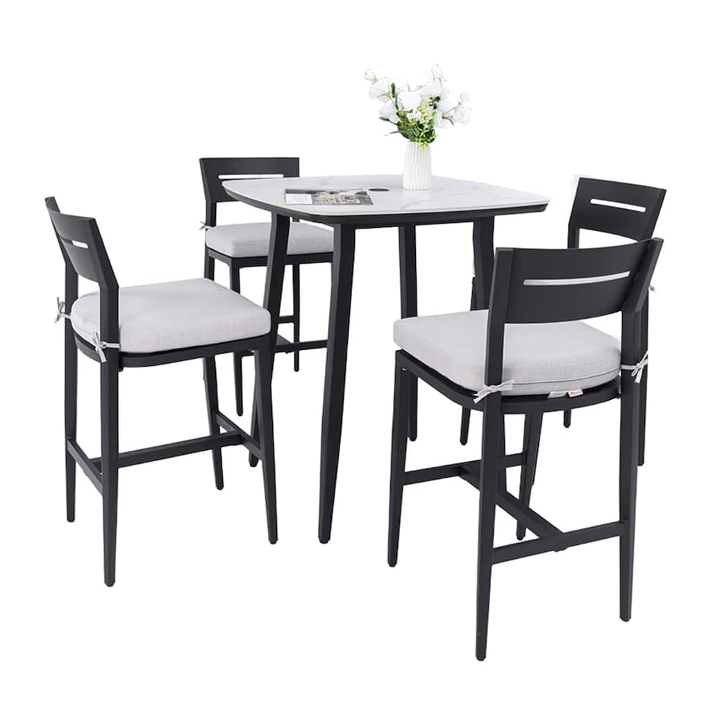 5-Piece Patio Bar Set - 35.4" Rounded Sintered Table and 4 Bar Stools, Greek Marble Top, Ember Black