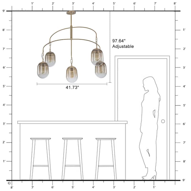 Modern Gold Chandelier Gradient Glass Shades 2-Tier Curved Arm