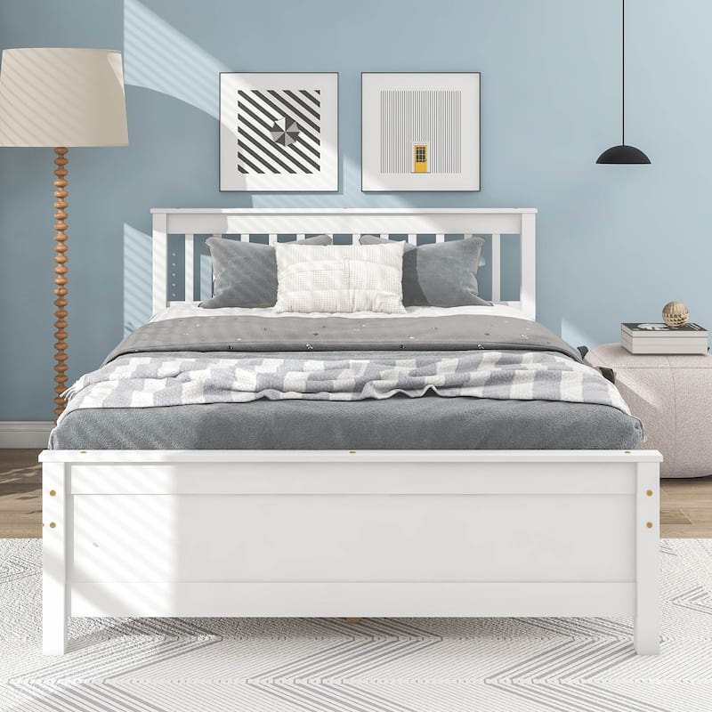 White Pine Wood Full Bed with Slatted Headboard and Footboard - No Box Spring Required, Includes Nightstand