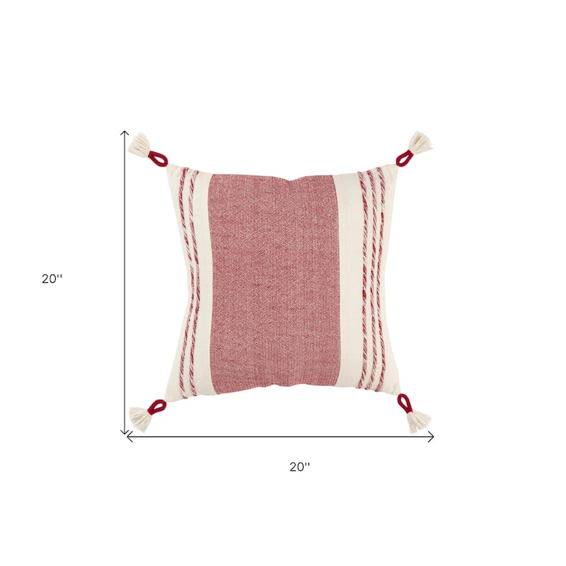 HomeRoots 20" Red and White Color Block Cotton Throw Pillow With Tassels