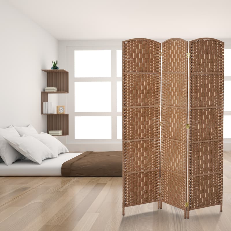 HomCom 6' Tall Wicker Weave Three Panel Room Divider Privacy Screen - Natural Blonde Wood