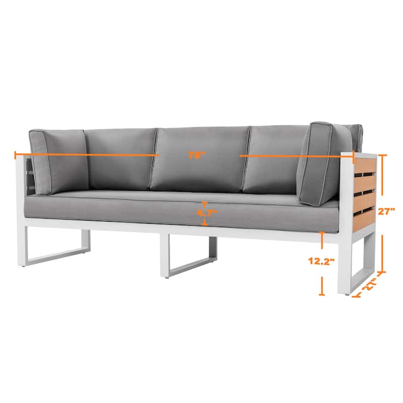 Outdoor Three-seat Sofa with Cushion and Pillows, Aluminum, Imitation Wood