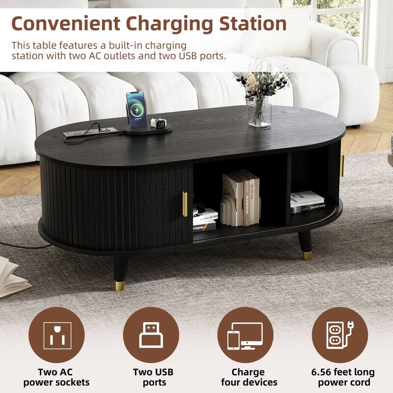 42"W Wooden Oval Coffee Table with Charging Station