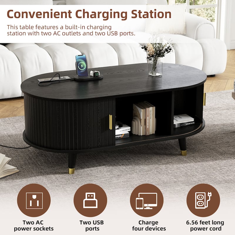 42.5" Mid-Century Oval Coffee Table – Solid Wood Fluted Design with Sliding Tambour Door & Built-In Charging Station.