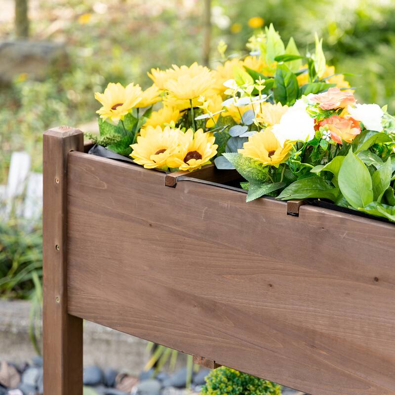 Outsunny 49'' x 21'' x 34'' Raised Garden Bed w/ 8 Grow Grids, Outdoor Wood Plant Stand w/ Storage Shelf and Lockable Wheels