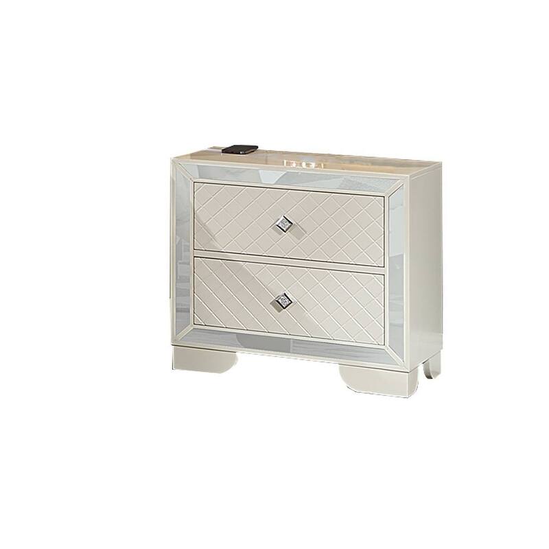 Transitional Style 3pc Bed 2x Nightstand Set LED Light Headboard Diamond Knobs Handles Cream Finish Bedroom Furniture