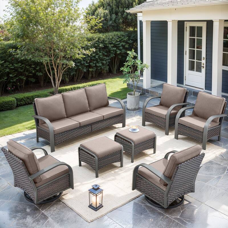 Outdoor Sofa with 2 Swivel Chairs, 2 Patio Chairs and 2 Ottomans - Grey - Brown