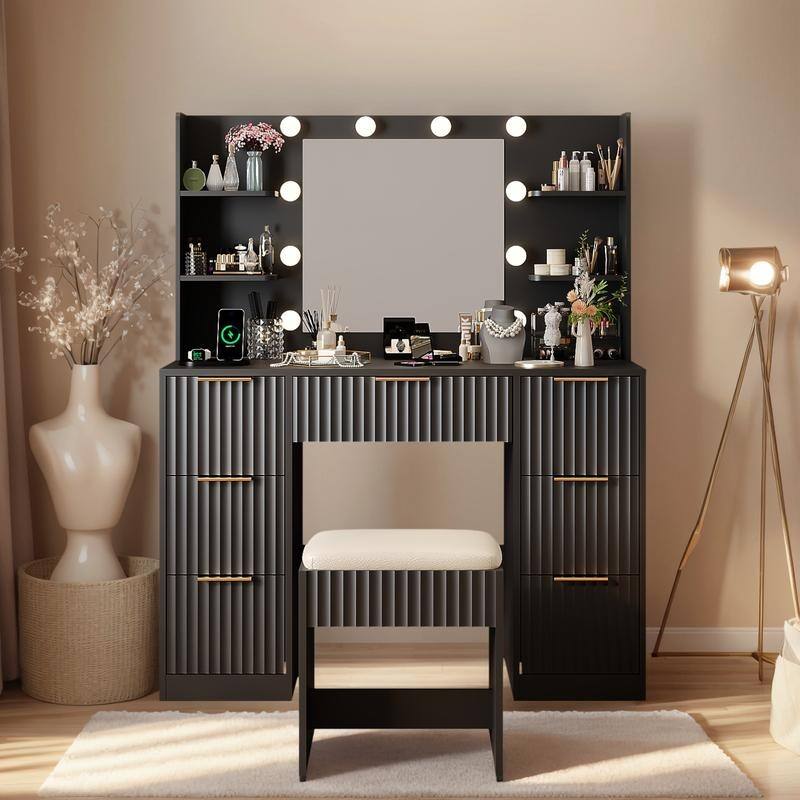 Particle Board Laminated with Textured Melamine, 7-Drawer 4-Tier Shelf, with 10 Three-Color Dimmable Bulbs, Dressing Table Set