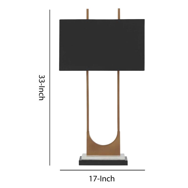 U Shaped Metal Body Table Lamp with Marble Base, Gold and Black