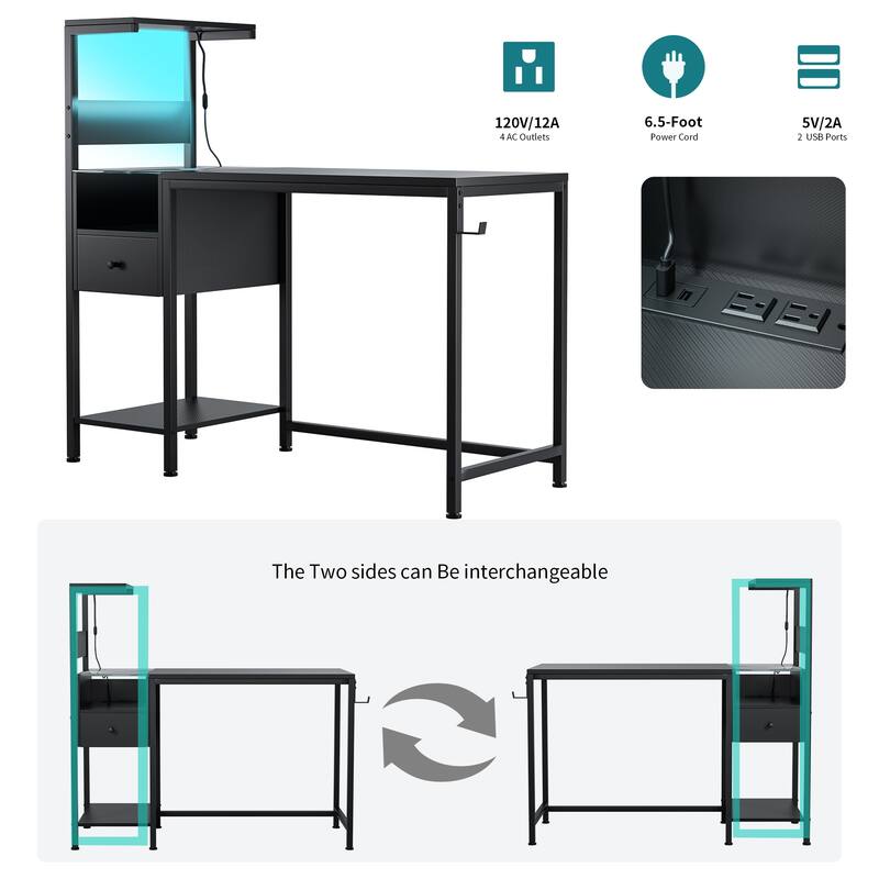 48" Study Writing Desk with Reversible Shelves, USB Charging Ports, LED Lights, and Drawer