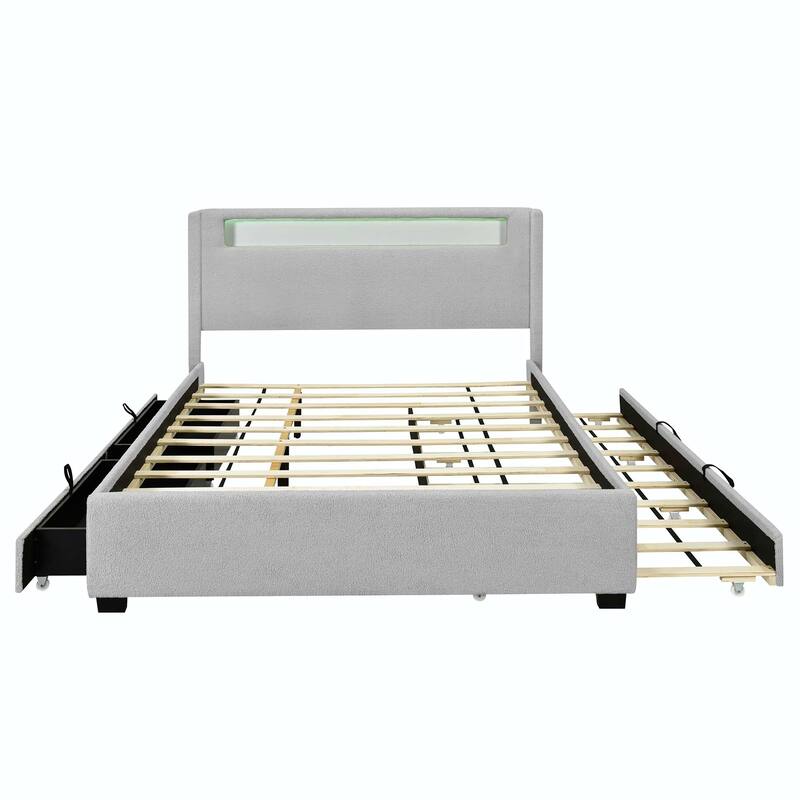 Full Size Upholstered Bed with LED and Twin Size Trundle