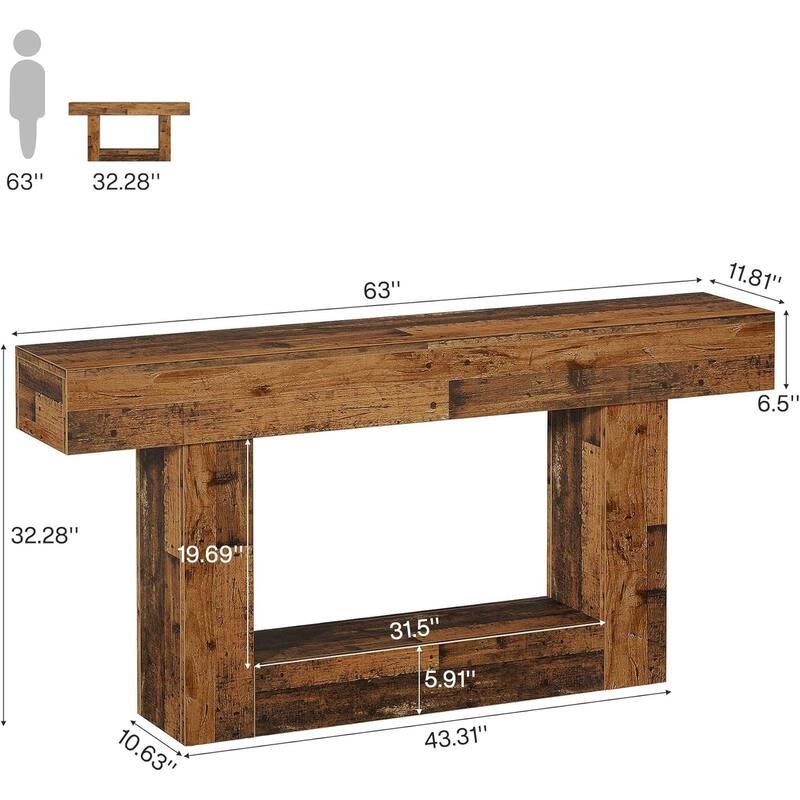63 Inches Brown/ Gray Wood Hallway Table, Farmhouse Console Table for Entryway