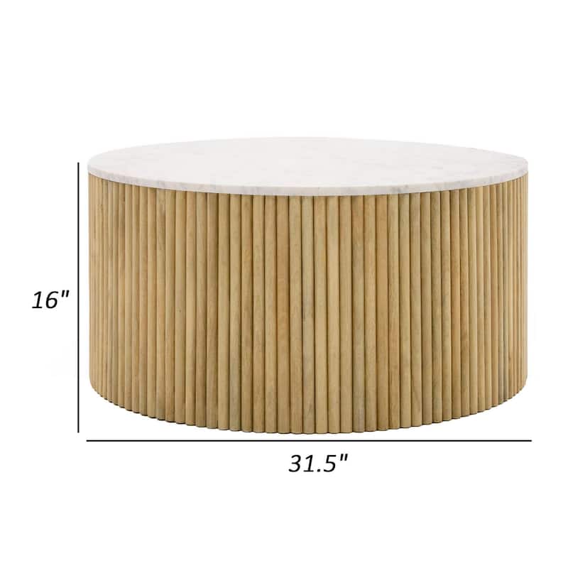 Cid Jolie 32 Inch Coffee Table, White Marble Top, Brown Mango Drum Base
