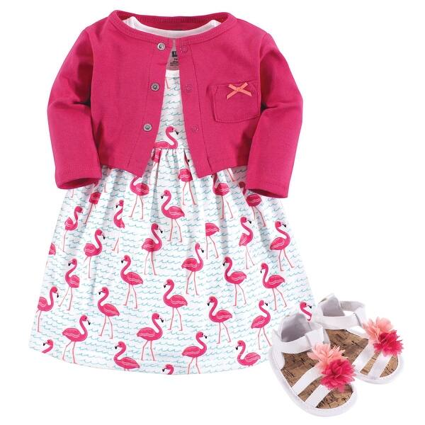 slide 1 of 1, Hudson Baby Infant Girl Cotton Dress, Cardigan and Shoe 3pc Set, Bright Flamingo 0-3 Months - Bright Flamingo