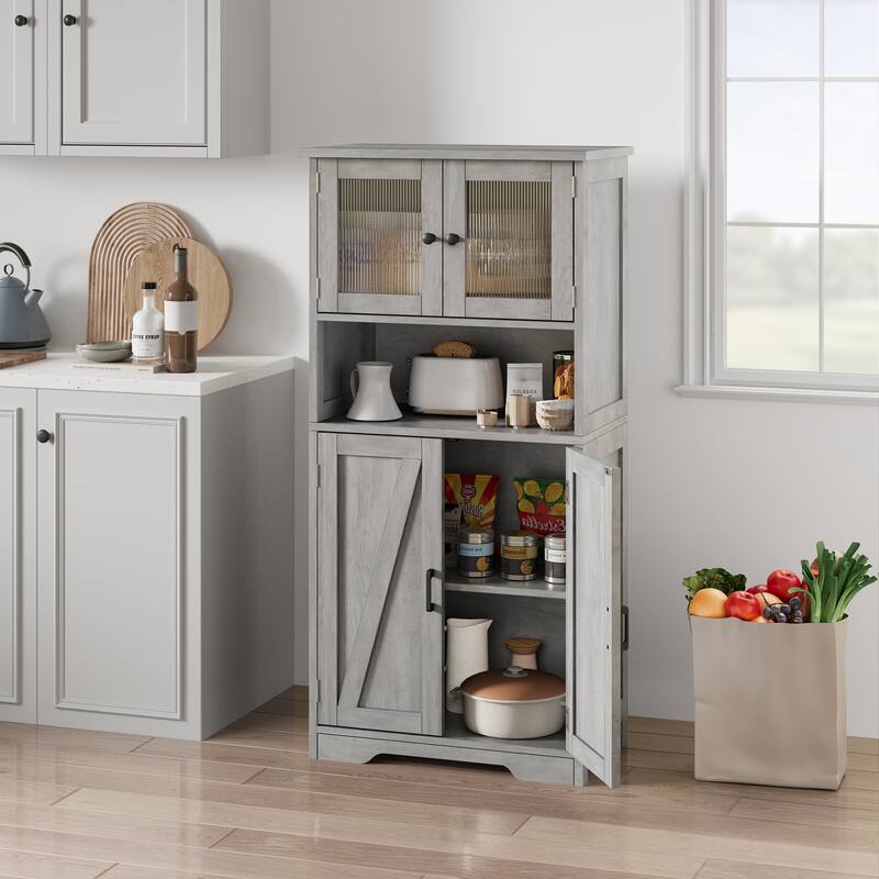 Kitchen Pantry Storage Cabinet with Glass Doors & Adjustable Shelves
