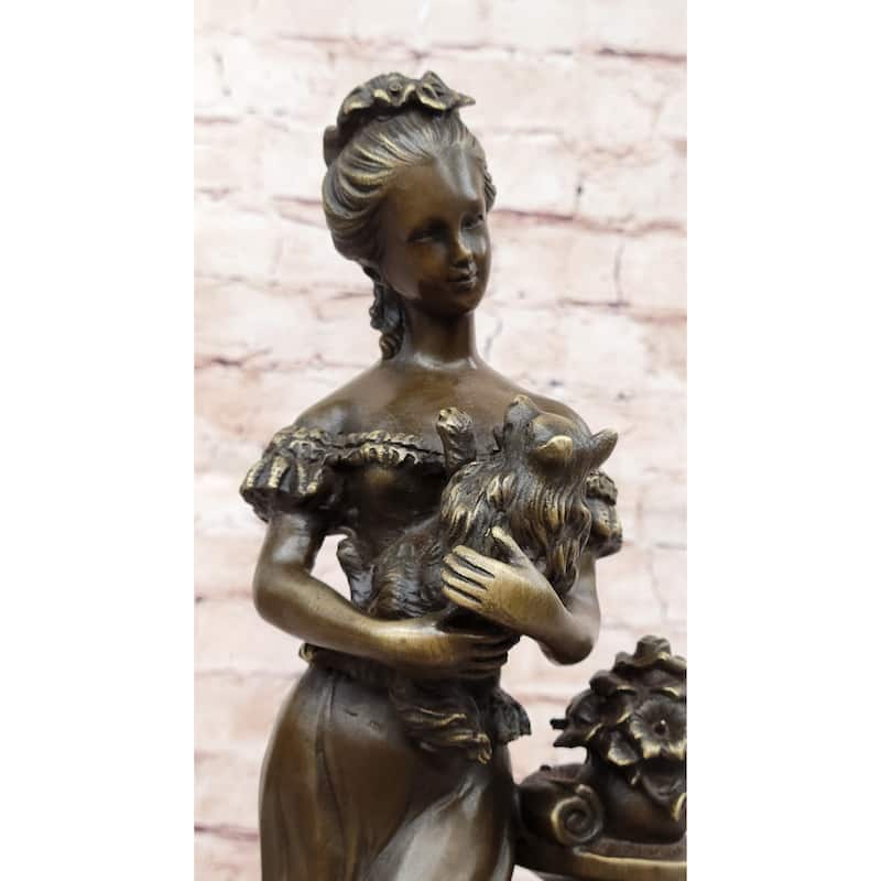 Victorian Edwardian Era European Young Woman Holding Puppy Imitative Dog - Bronze Sculpture By Milo